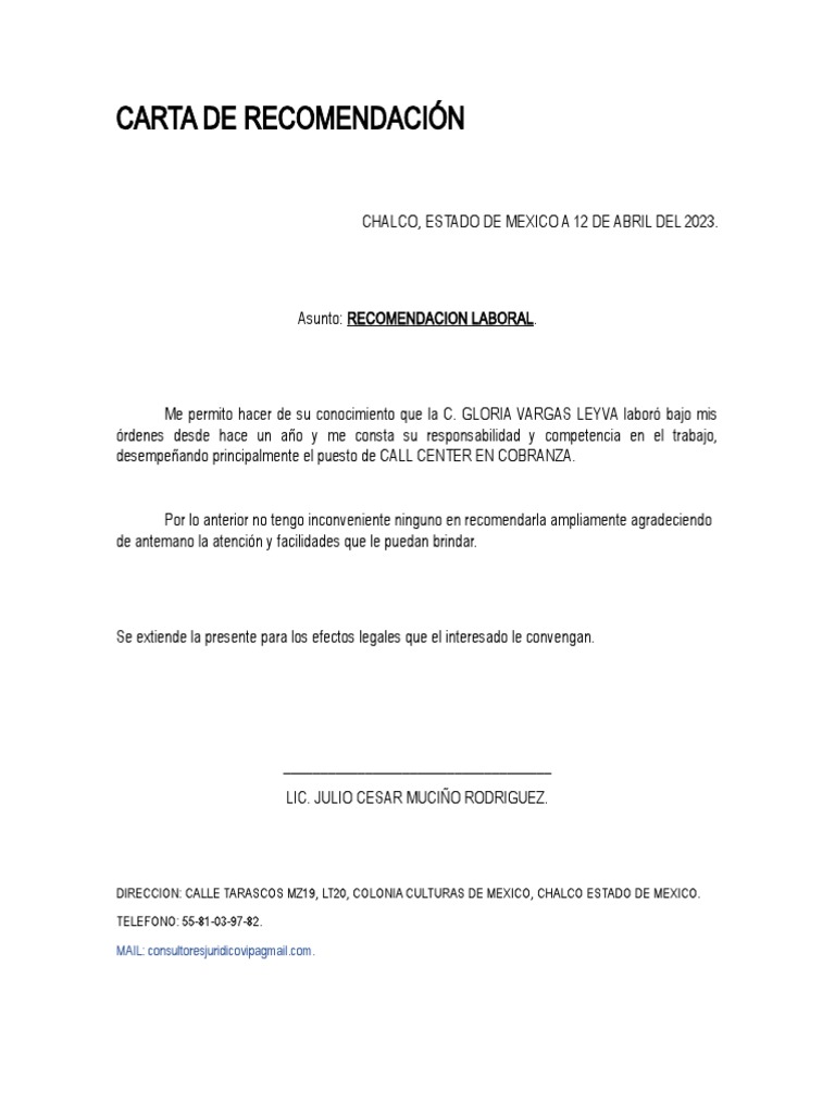 Carta de Recomendación Laboral | PDF