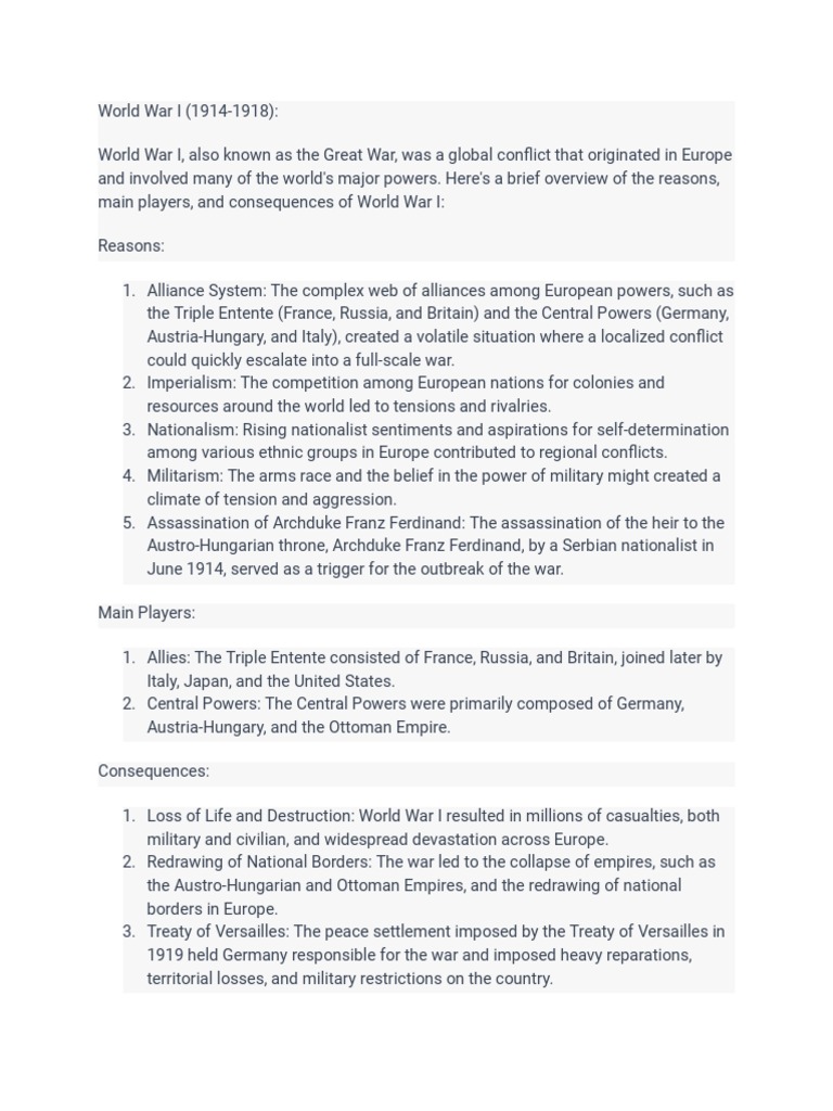 A Brief Overview of World Wars I and IIWorld War I (19141918) PDF World War II World War I