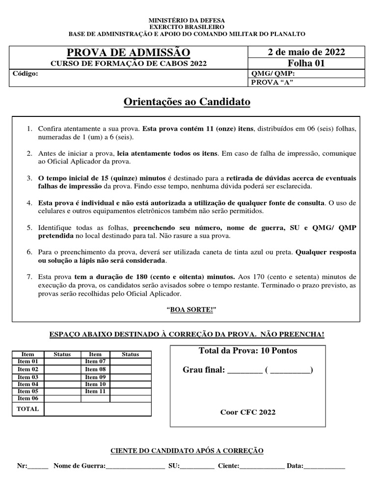 Prova de Admissão: Curso de Cabos 2022 | PDF