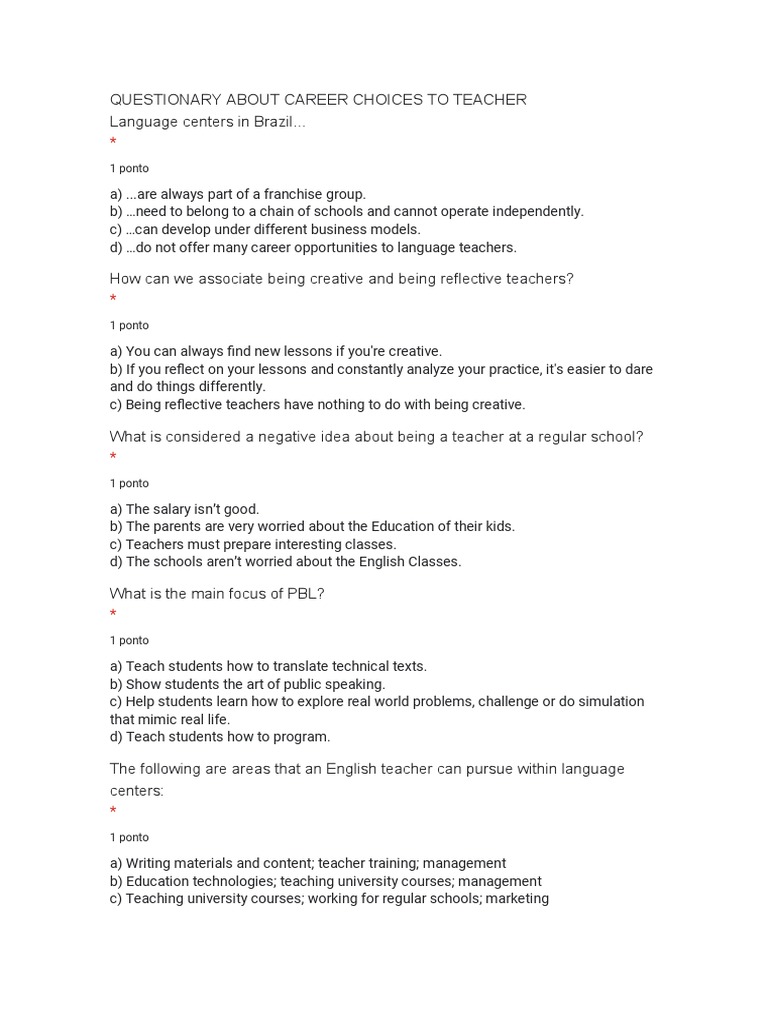 Questionary about career choices to teacher pdf teachers english