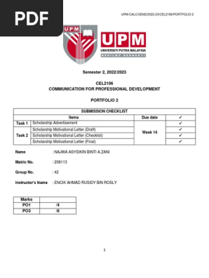 CEL2106 PORTFOLIO 2 - SCHOLARSHIP MOTIVATIONAL LETTER