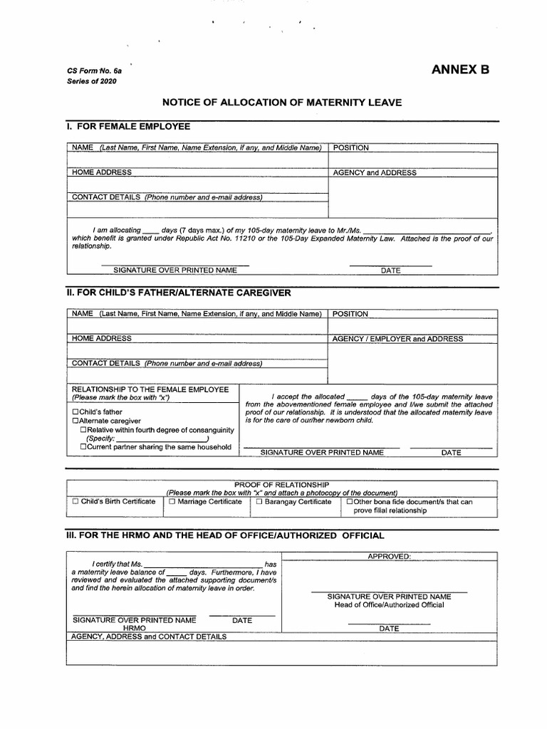 Notice of allocation of maternity leave cs form 6a series of 2020 pdf