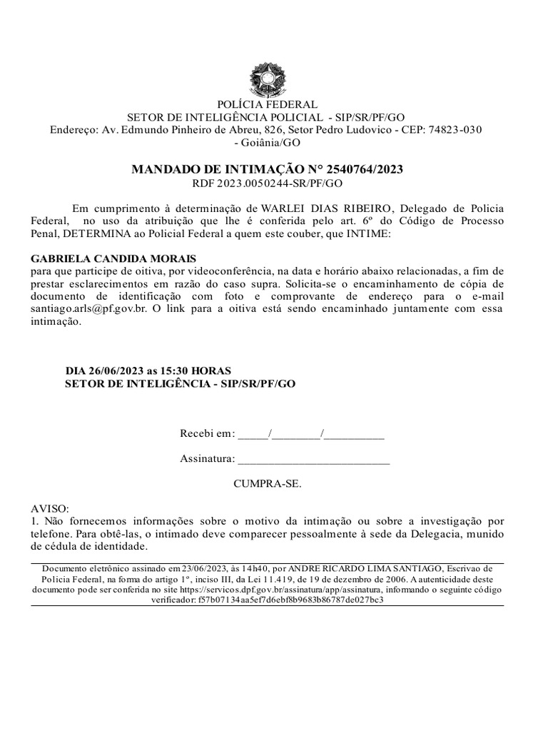 Mandado de Intimação - GABRIELA CANDIDA MORAIS-1 | PDF
