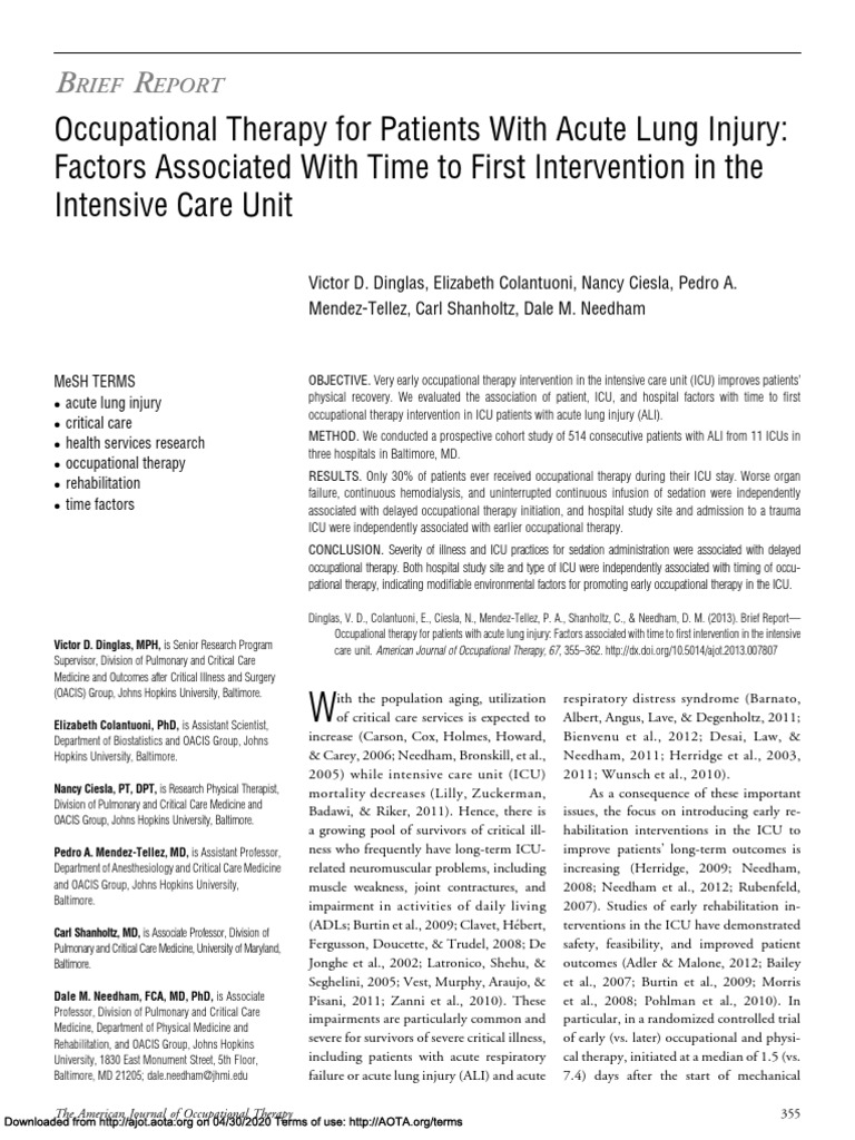 Occupational Therapy First Intervention in The Intensive Care Unit