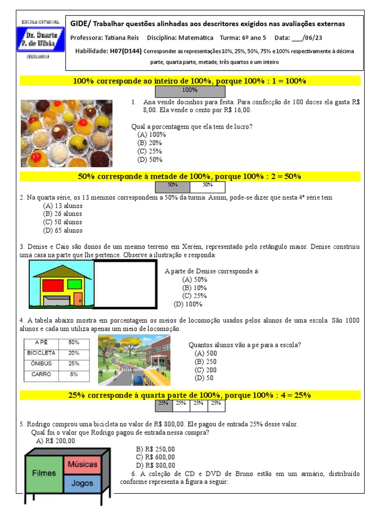 Exercícios de Porcentagem para 6º Ano | PDF