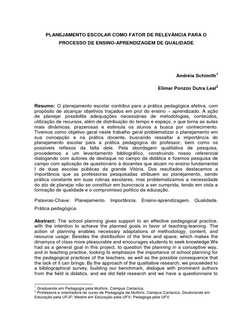 Importância do Planejamento Escolar | PDF | Pedagogia | Planejamento
