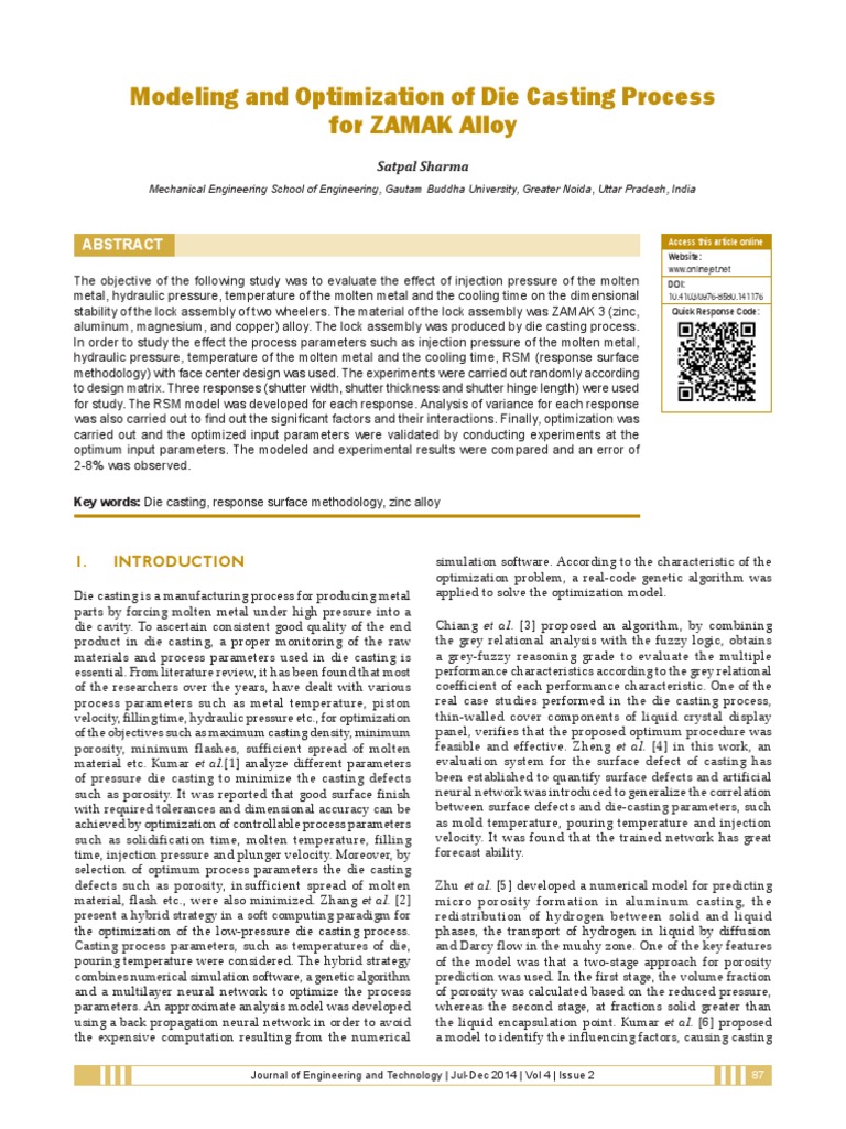 Modeling and Optimization of Die Casting Process For Zamak Alloy PDF