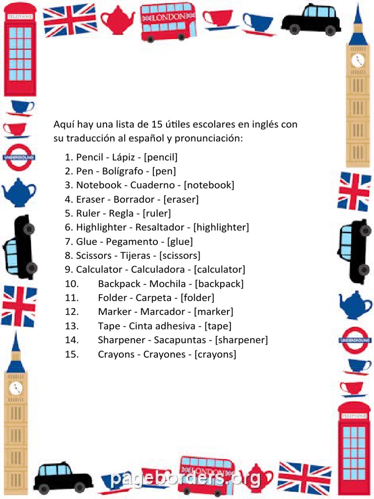 15 útiles escolares en inglés y español | PDF | Estudios de idiomas ...