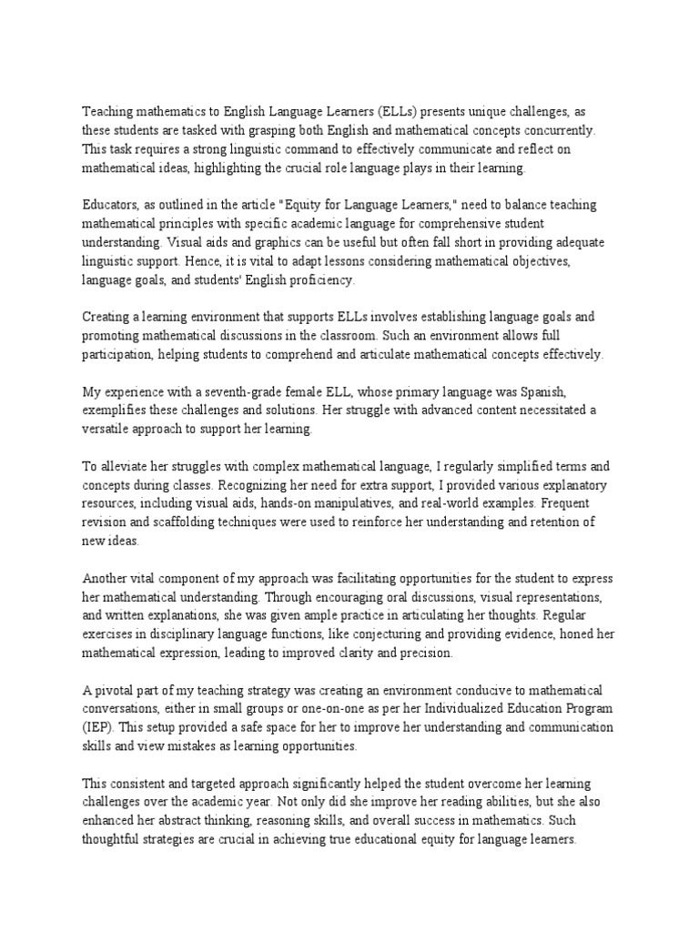 Teaching Mathematics To English Language Learners PDF Learning