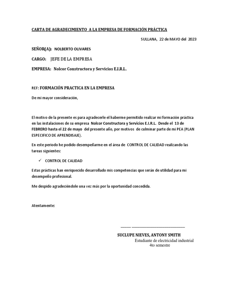 Agradecimiento por Práctica Profesional | PDF