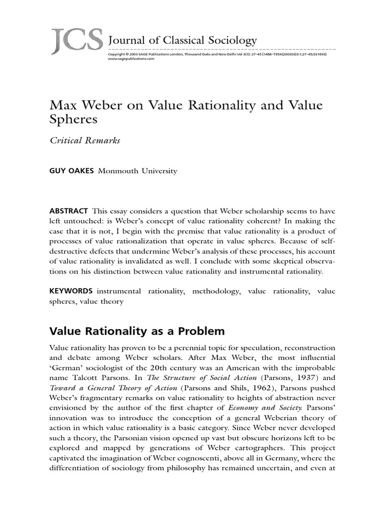 Max Weber On Value Rationality and Value | PDF | Rationality | Max Weber