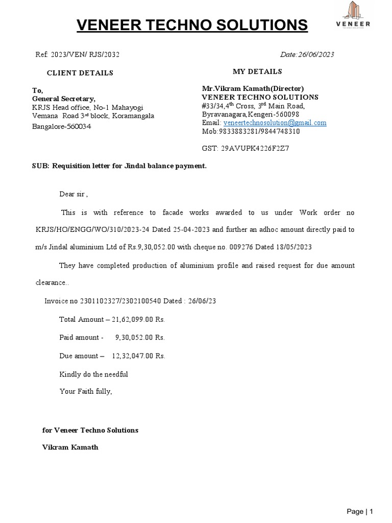 Jindal Payment Requisition Letter | PDF