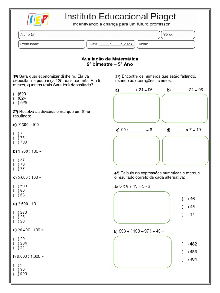Avaliação de Matematica 5 Ano | PDF | Matemática
