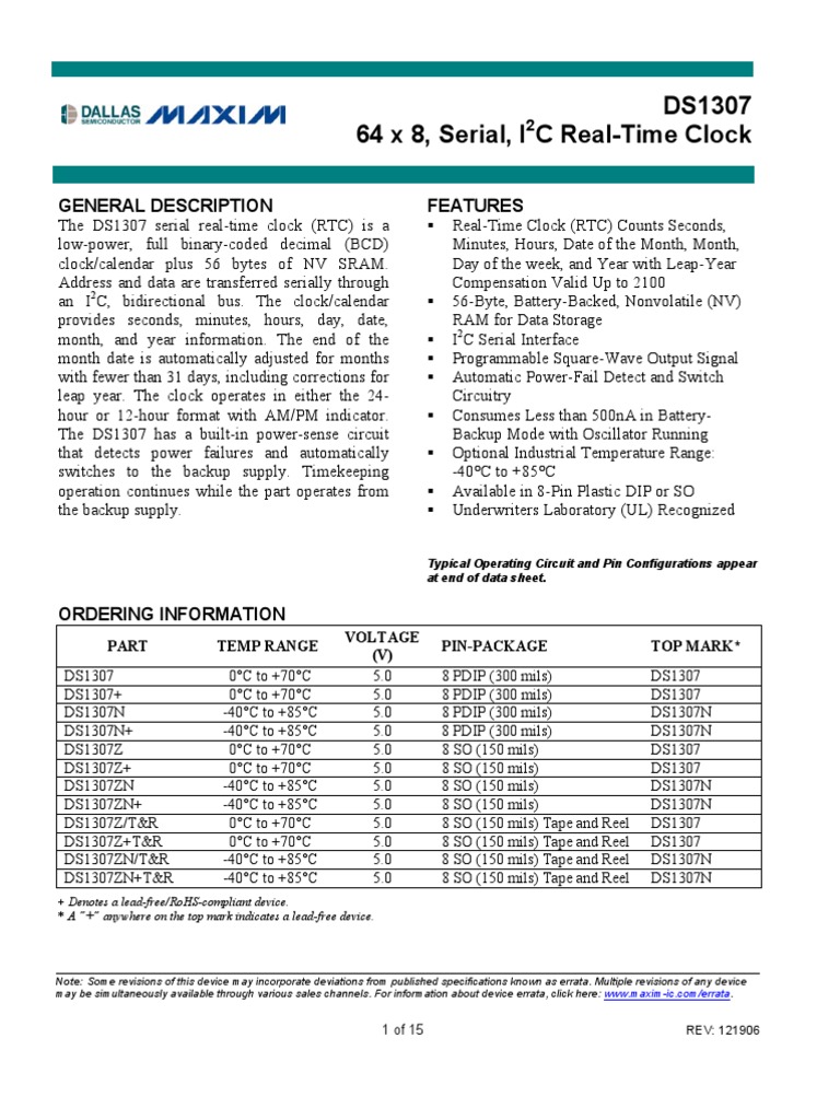 DS1307 Datasheet Full | PDF | Electricity | Digital Electronics