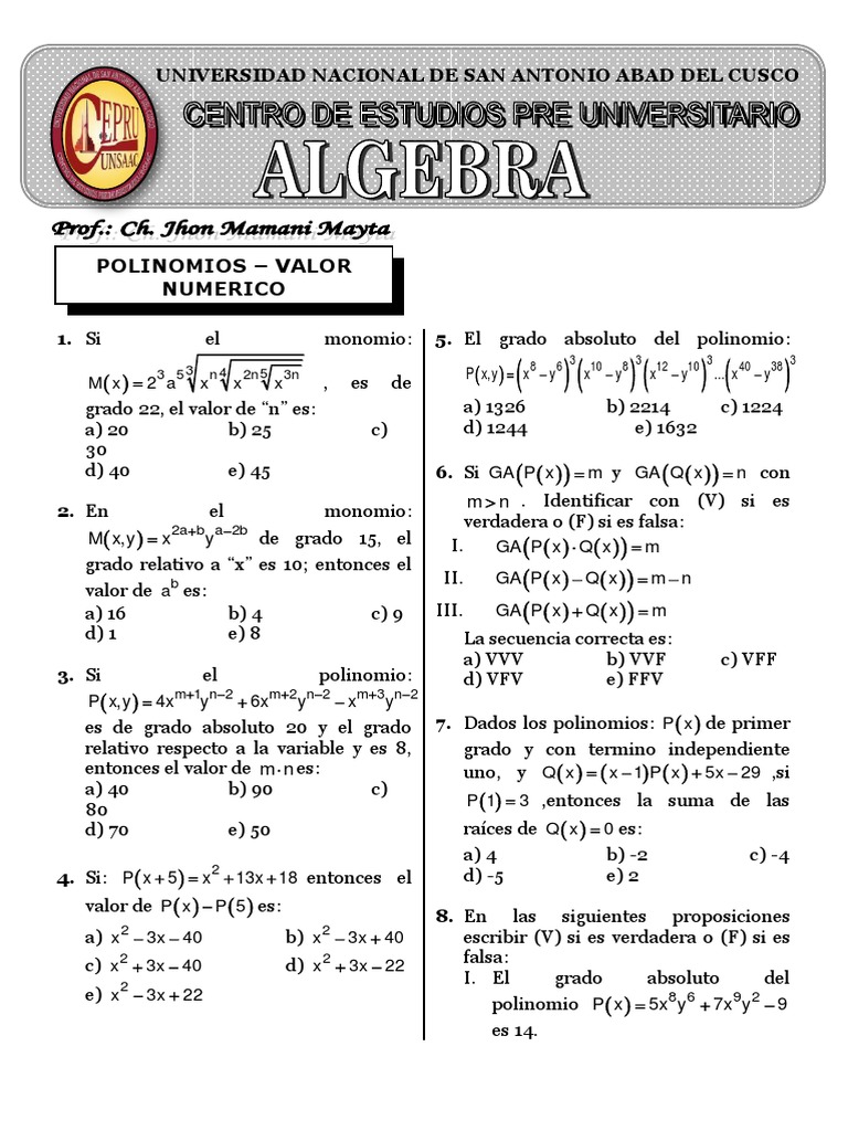 Polinomios - Valor Numerico - Ex Examenes | PDF | Álgebra abstracta ...