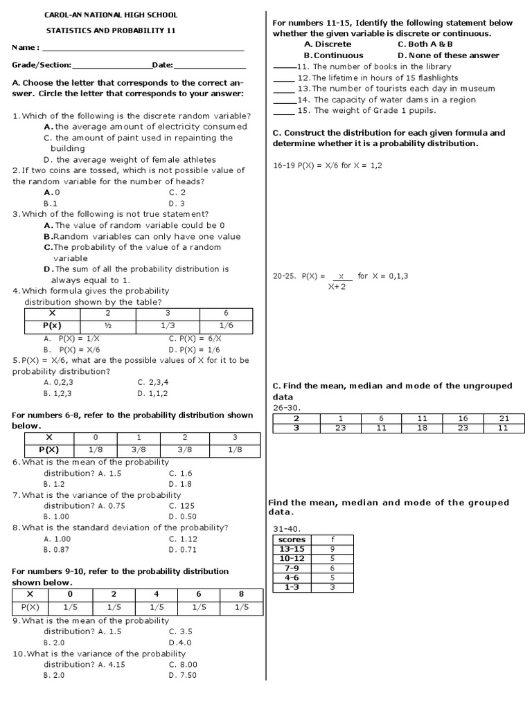 Statistics and Probability Quiz 11 | PDF | Probability Distribution ...