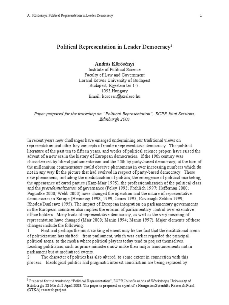 Political Representation in Leader Democracy | PDF | Heads Of State ...