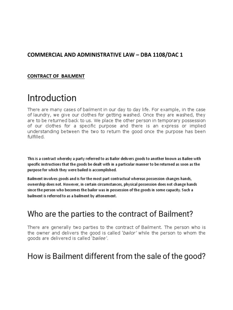 Contract of Bailment PDF Money Consideration