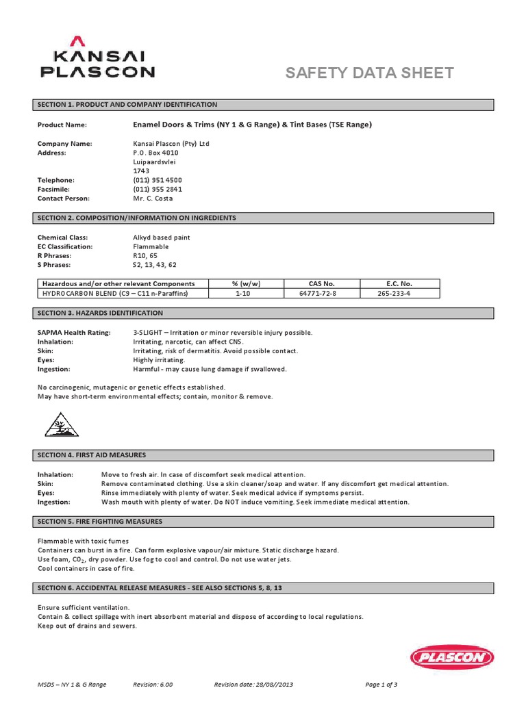 Enamel Sds PDF Water Solubility