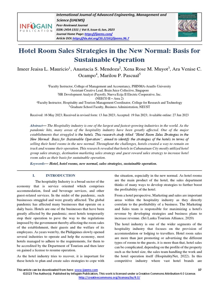 Hotel Room Sales Strategies in the New Normal Basis for Sustainable