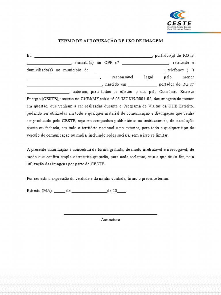 Modelo De Termo De Uso De Imagem Carta De Autorizacao Modelo
