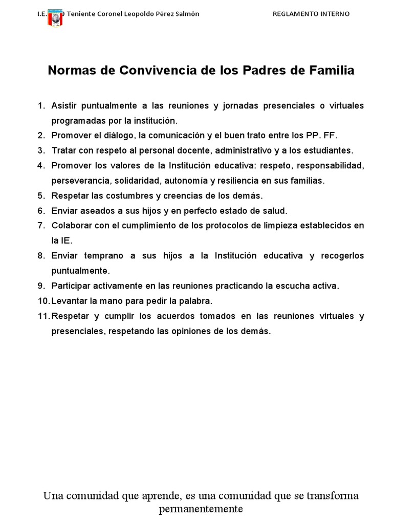 Normas de Convivencia para Padres I.E. 5030 | PDF
