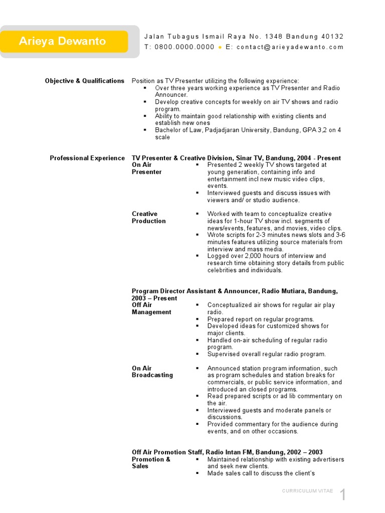 TV Presenter CV of Arieya Dewanto | PDF | Mass Media | Communication