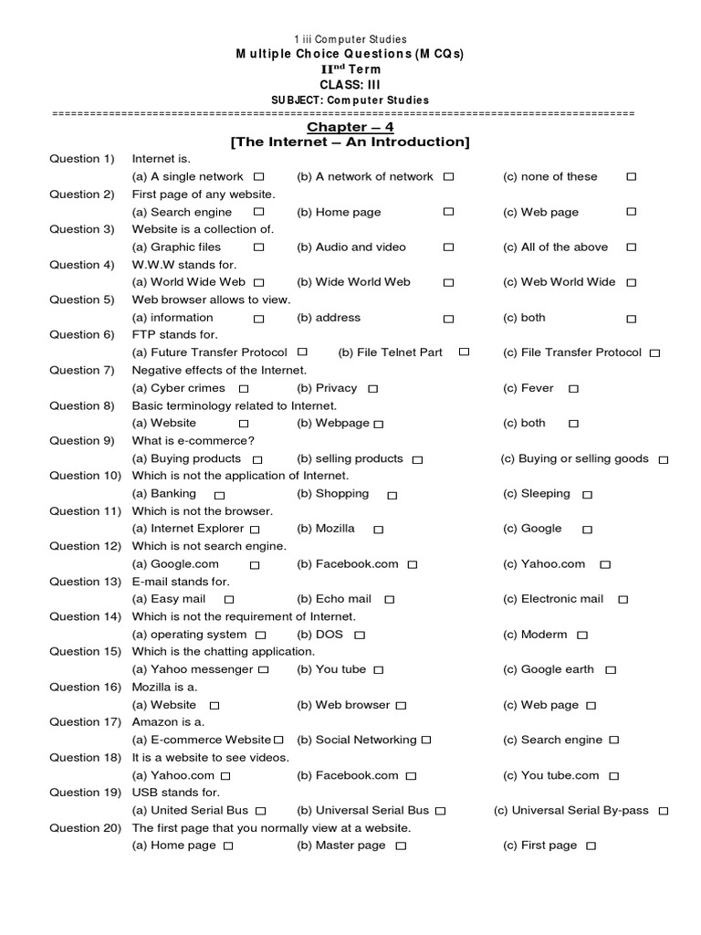 Class 3 Computer Studies MCQs | PDF | Internet | Websites