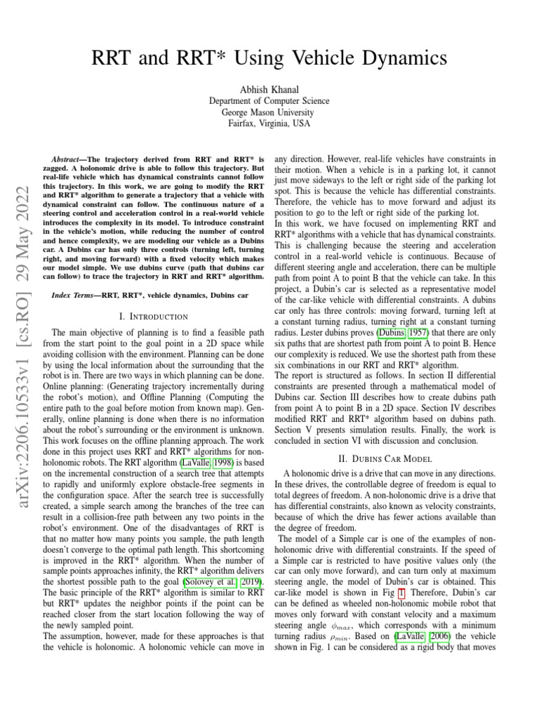 RRT and RRT* for Dubins Car Dynamics | PDF | Acceleration | Angle