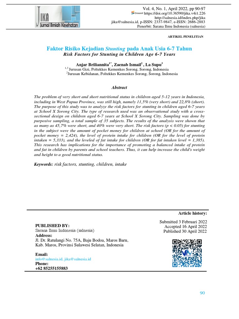 Jurnal - Faktor Risiko Kejadian Stunting Pada Anak Usia 6-7 Tahun | PDF ...