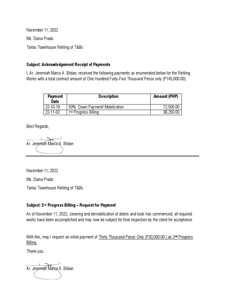 Retiling Works - Payment Receipt and Progress Billings-Signed | PDF ...