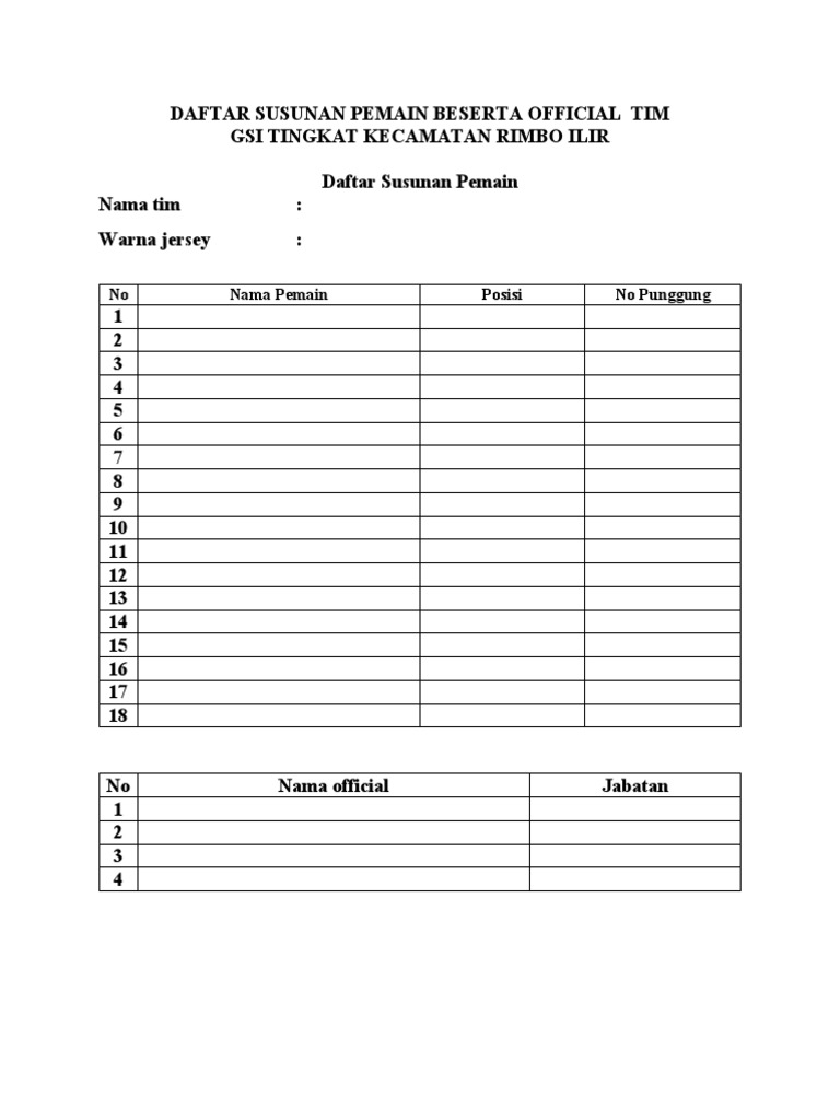 Daftar Susunan Pemain Beserta Official Terbaru | PDF