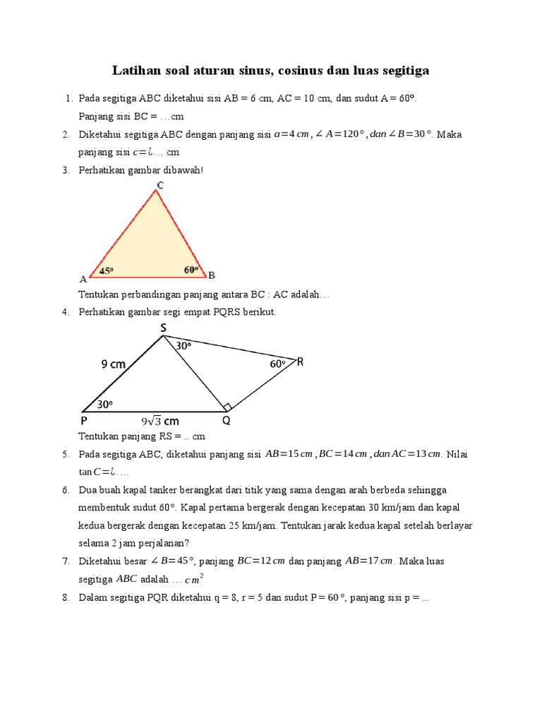 Latihan soal aturan sinus cosinus luas segitiga pdf