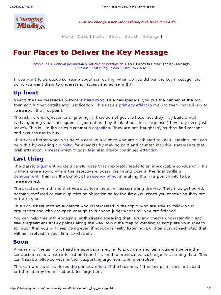 Four Places To Deliver The Key Message PDF Persuasion Negotiation