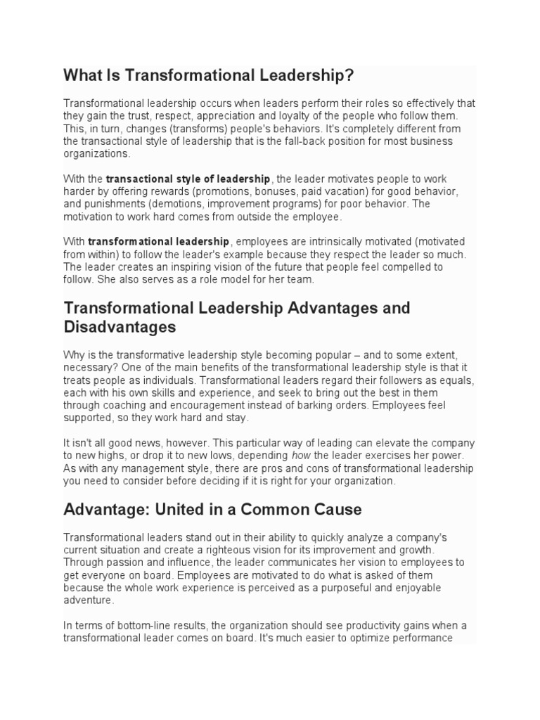 Advantages and Disadvantages of Transformational Leadership | PDF ...