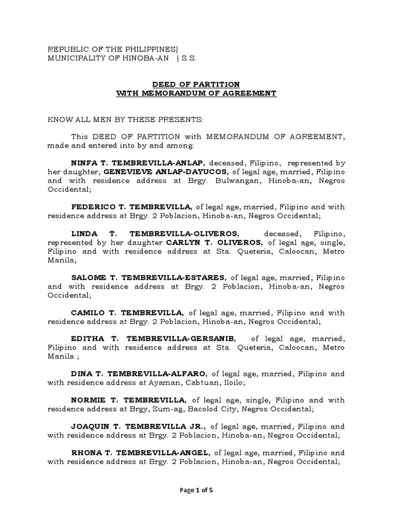 Deed of Partition With Memorandum of Agreement PDF Real Property