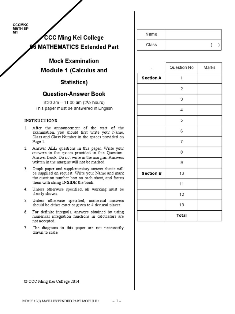 CCC Ming Kei College S6 Math Mock Exam | PDF | Mathematics | Tangent