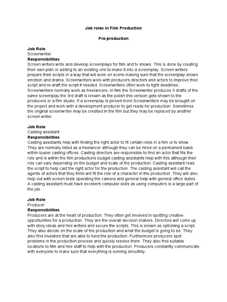 Job Roles in Film Production ST | PDF | Filmmaking | Screenplay