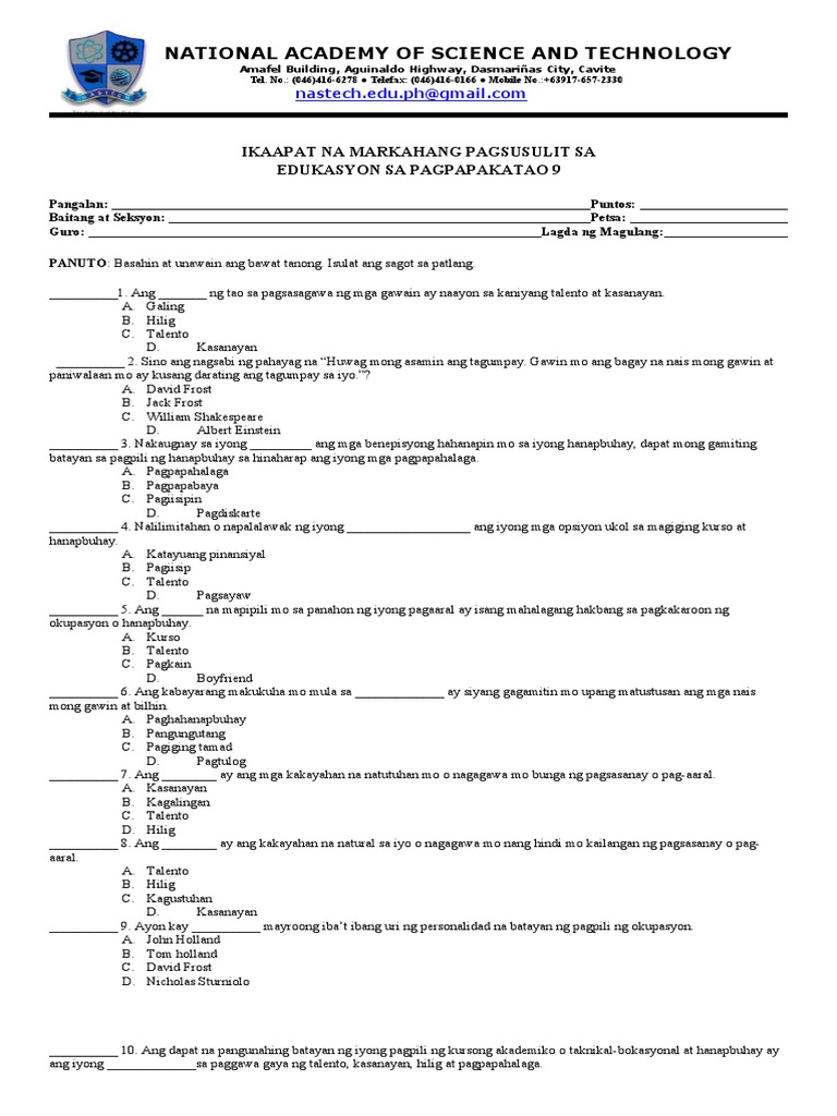 3rd Quarterly Exam In Esp 9 Pdf