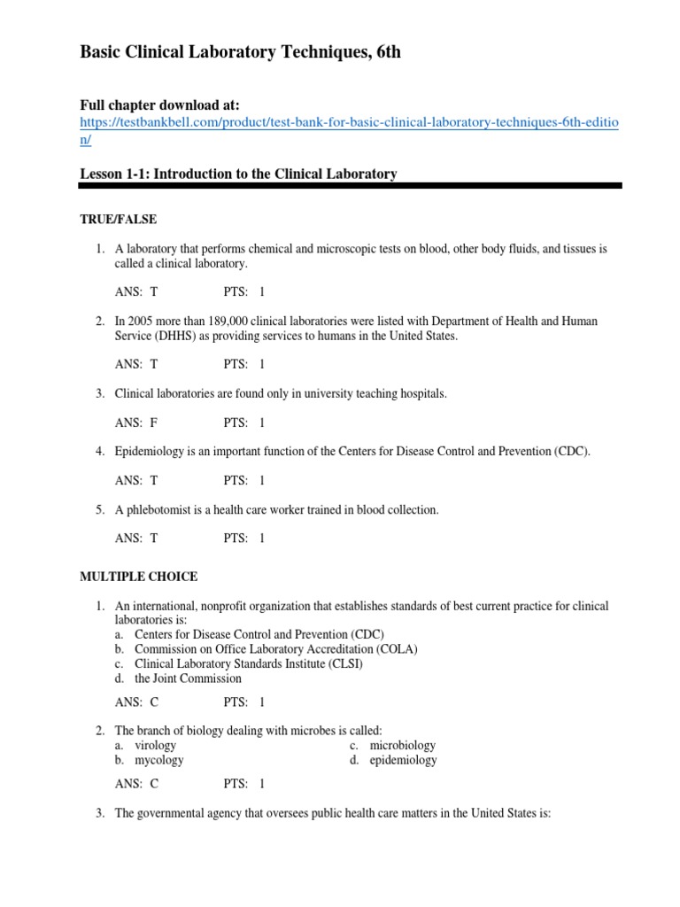 Test Bank For Basic Clinical Laboratory Techniques 6th Edition PDF