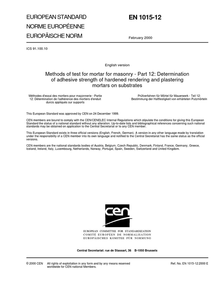 EN 101512 Methods test mortar masonry Determ. adhesive strenght