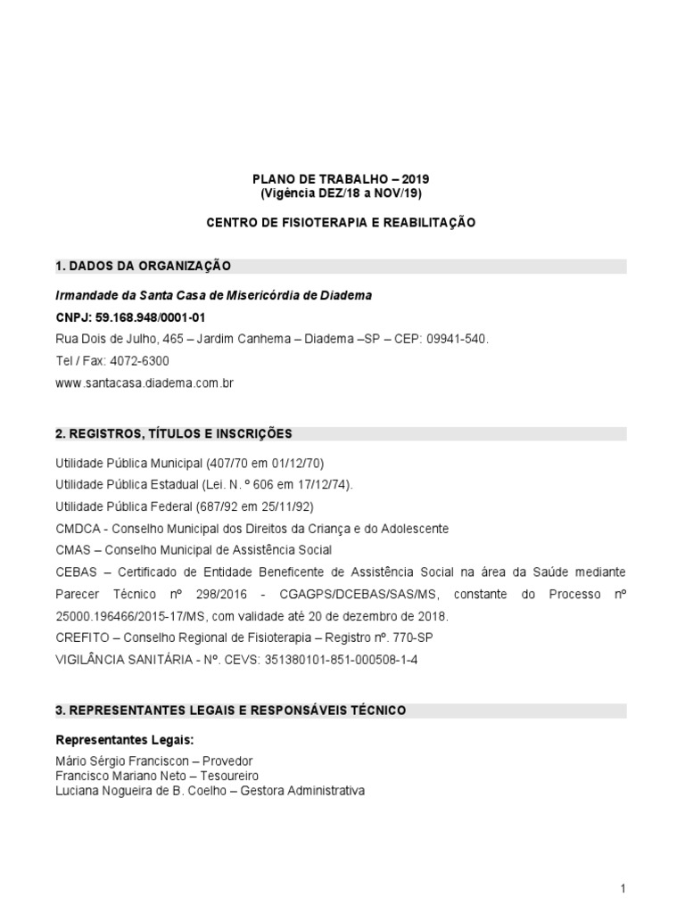Plano fisioterapia geral 2019 prorroga o conv nio nov 2018 2