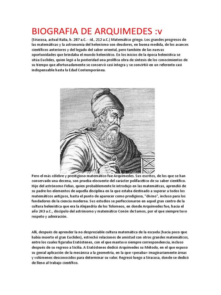 Biografía de Arquímedes: Vida y Logros | PDF | Periodo helenístico
