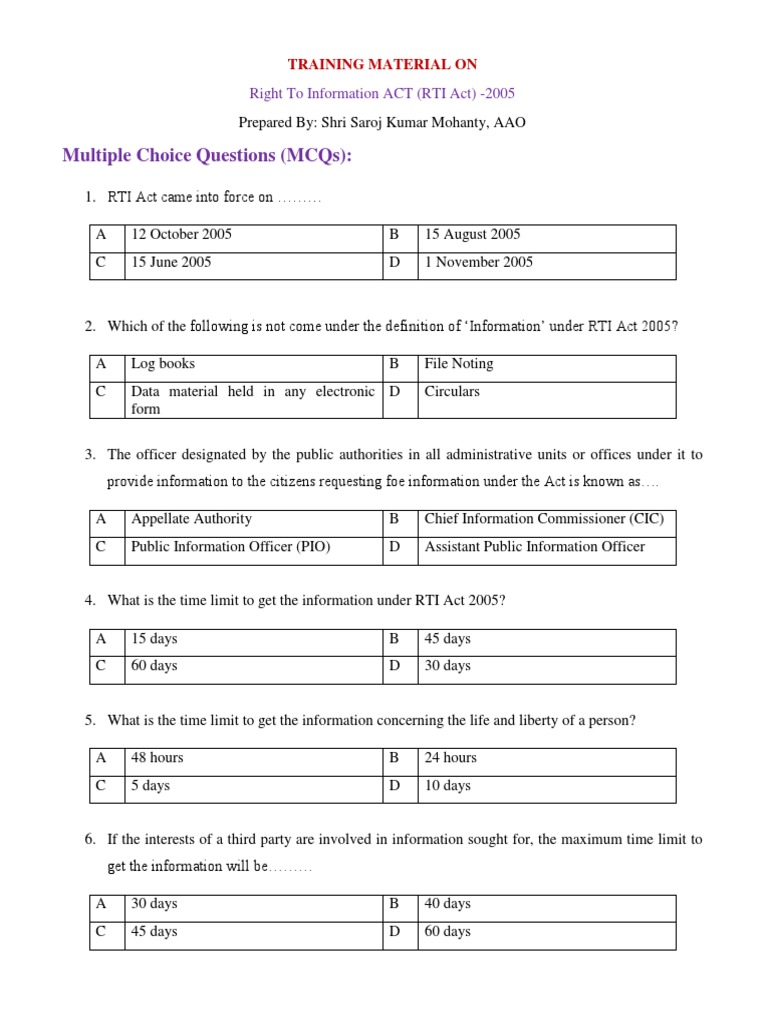 Mcq Rti Act 2005 Pdf Justice Crime Violence