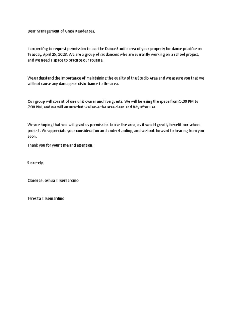 Request Letter For Dance Studio PDF