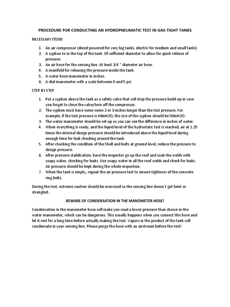 Hydropneumatic Test Procedure for Tanks | PDF | Technology & Engineering