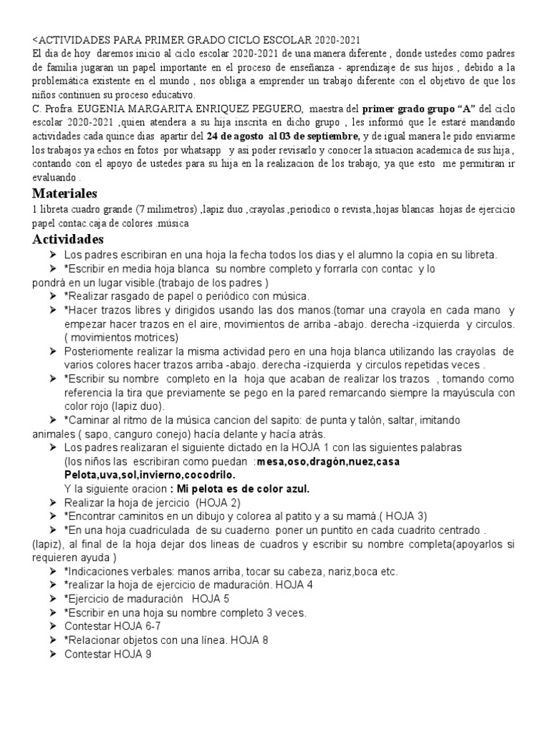 Actividades Primer Grado Grupo A PDF