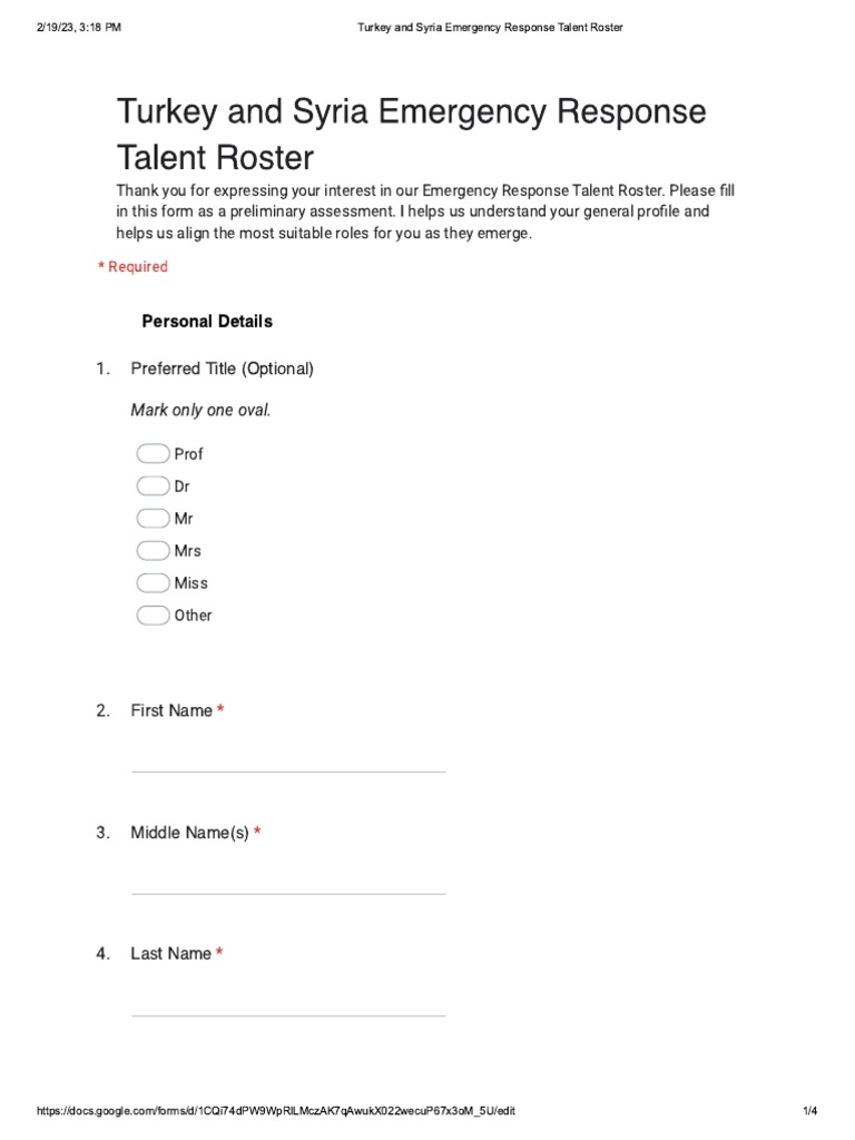 Turkey and Syria Emergency Response Talent Roster Google Forms PDF