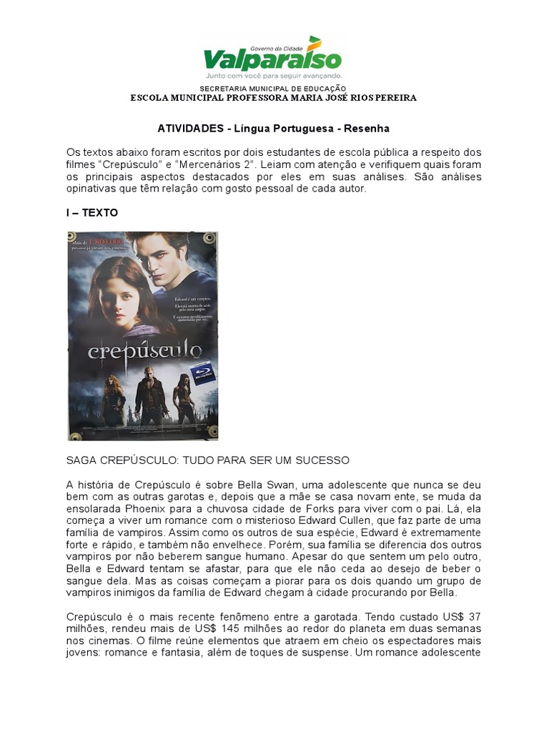ATIVIDADES - Língua Portuguesa - Resenha de Filme | PDF | Crepúsculo ...