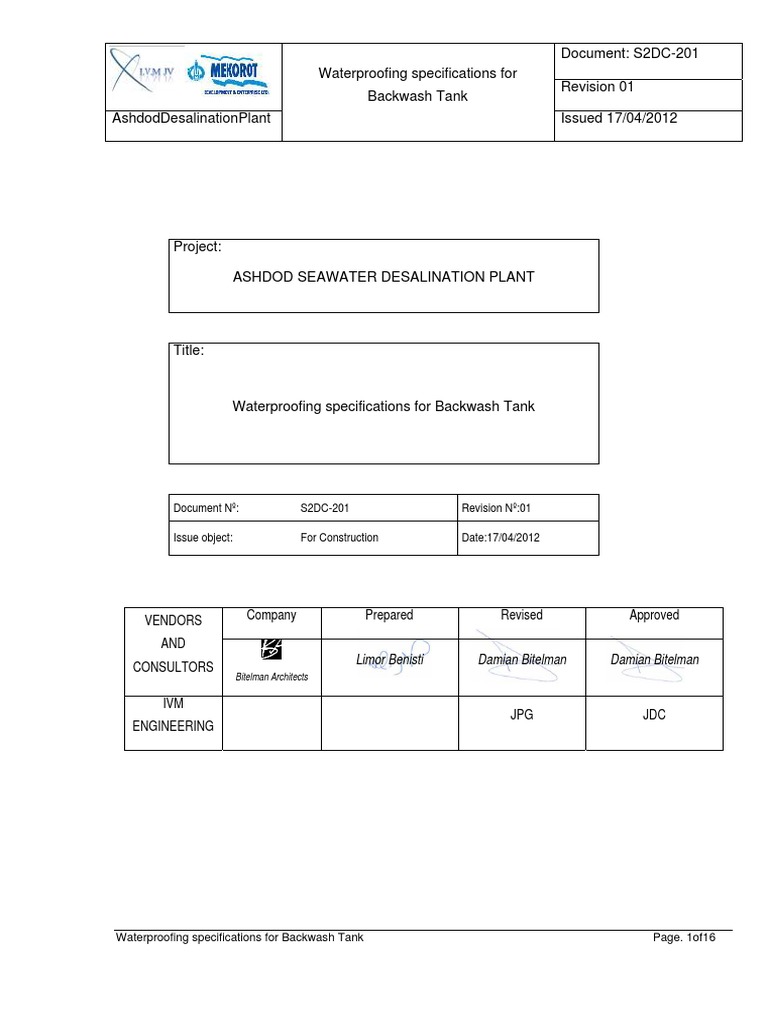 Backwash Tank Waterproofing Guide | PDF | Concrete | Specification ...